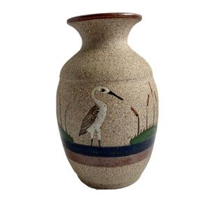 TONALA Folk Art Crane Cattail Mexico Sandstone Art Pottery Vase Vintage 6 in